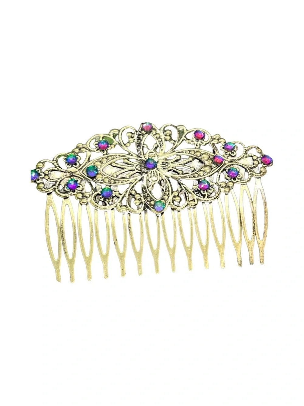 Ornate Gold Hair Comb with Vibrant Crystal Accent Volcano Flame FINAL PRICE DROP